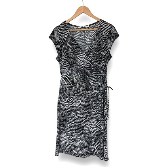 Size 14 Evan Picone Black‎ & White Print Faux-Wrap Dress Spring Summer Wedding - Picture 2 of 6
